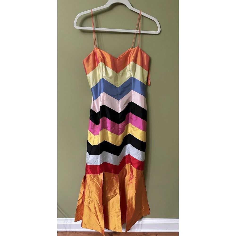 Marisa Baratelli‎ Thai Silk Gown Size 6 Colorful Striped Chevron Mermaid Maxi